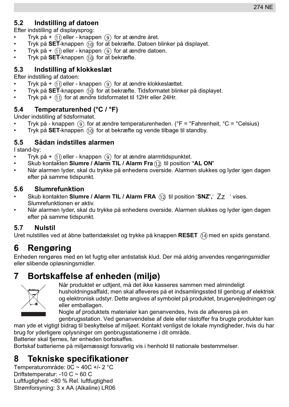 6rengøring, 7bortskaffelse af enheden (miljø), 8tekniske specifikationer | National Geographic 274NE User Manual | Page 29 / 64