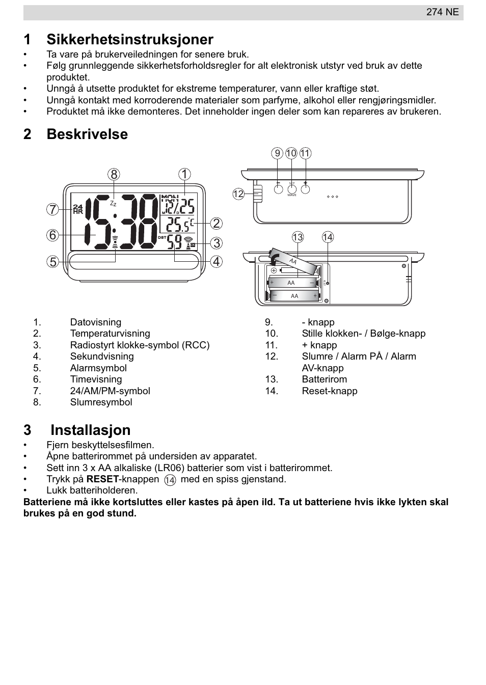 1sikkerhetsinstruksjoner, 2beskrivelse 3 installasjon | National Geographic 274NE User Manual | Page 31 / 64