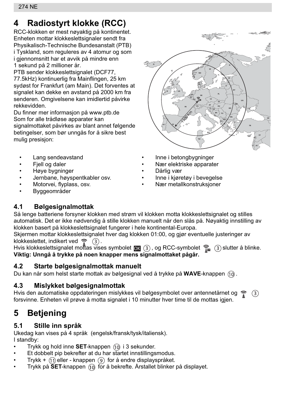 4radiostyrt klokke (rcc), 5betjening, 1 bølgesignalmottak | 2 starte bølgesignalmottak manuelt, 3 mislykket bølgesignalmottak, 1 stille inn språk, 274 ne | National Geographic 274NE User Manual | Page 32 / 64