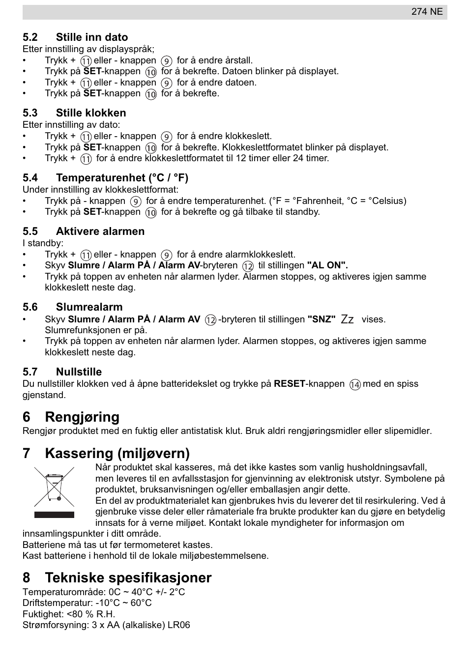 6rengjøring, 7kassering (miljøvern), 8tekniske spesifikasjoner | National Geographic 274NE User Manual | Page 33 / 64