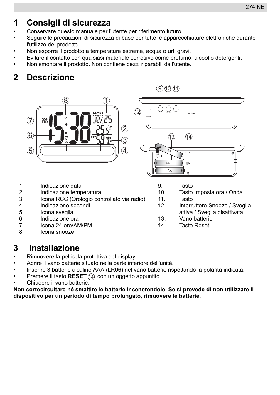 1consigli di sicurezza, 2descrizione 3 installazione | National Geographic 274NE User Manual | Page 35 / 64