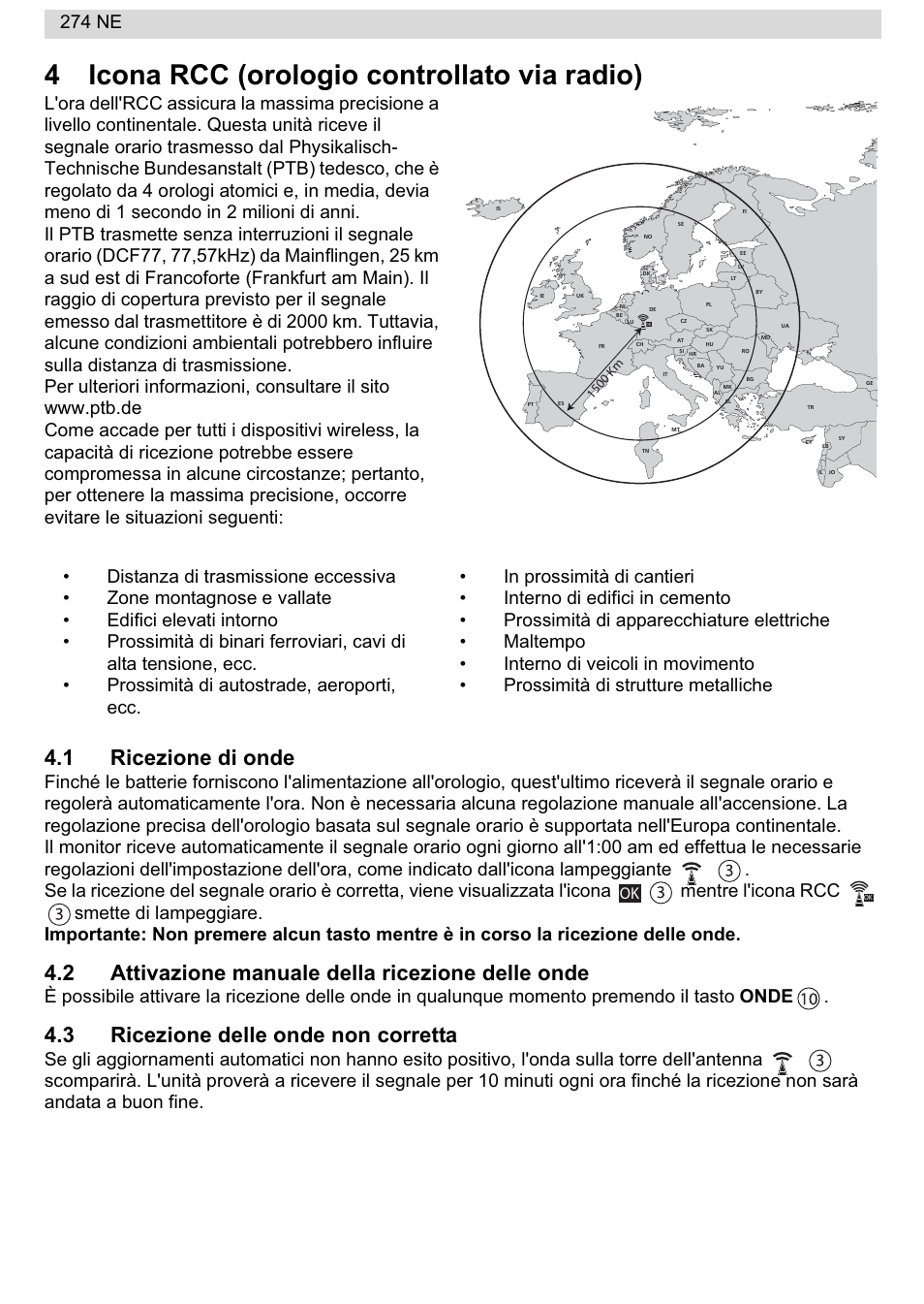 4icona rcc (orologio controllato via radio), 1 ricezione di onde, 2 attivazione manuale della ricezione delle onde | 3 ricezione delle onde non corretta, 274 ne | National Geographic 274NE User Manual | Page 36 / 64