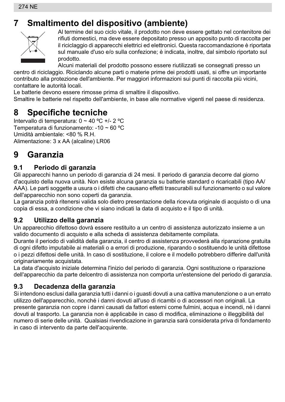 7smaltimento del dispositivo (ambiente), 8specifiche tecniche, 9garanzia | National Geographic 274NE User Manual | Page 38 / 64