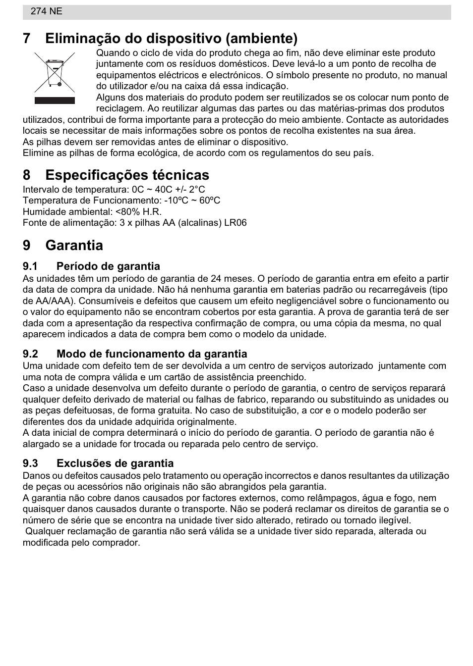 7eliminação do dispositivo (ambiente), 8especificações técnicas, 9garantia | National Geographic 274NE User Manual | Page 42 / 64