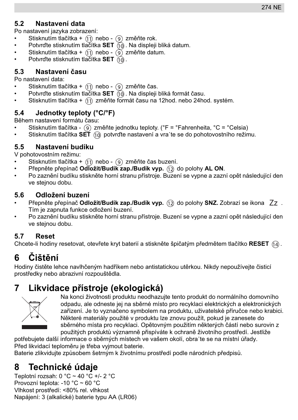 6ýištční, 7likvidace pĝístroje (ekologická), 8technické údaje | National Geographic 274NE User Manual | Page 45 / 64