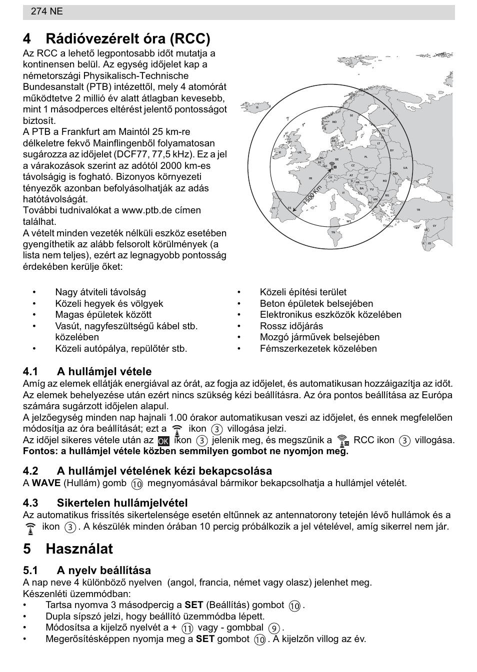 4rádióvezérelt óra (rcc), 5használat, 1 a hullámjel vétele | 2 a hullámjel vételének kézi bekapcsolása, 3 sikertelen hullámjelvétel, 1 a nyelv beállítása, 274 ne | National Geographic 274NE User Manual | Page 52 / 64