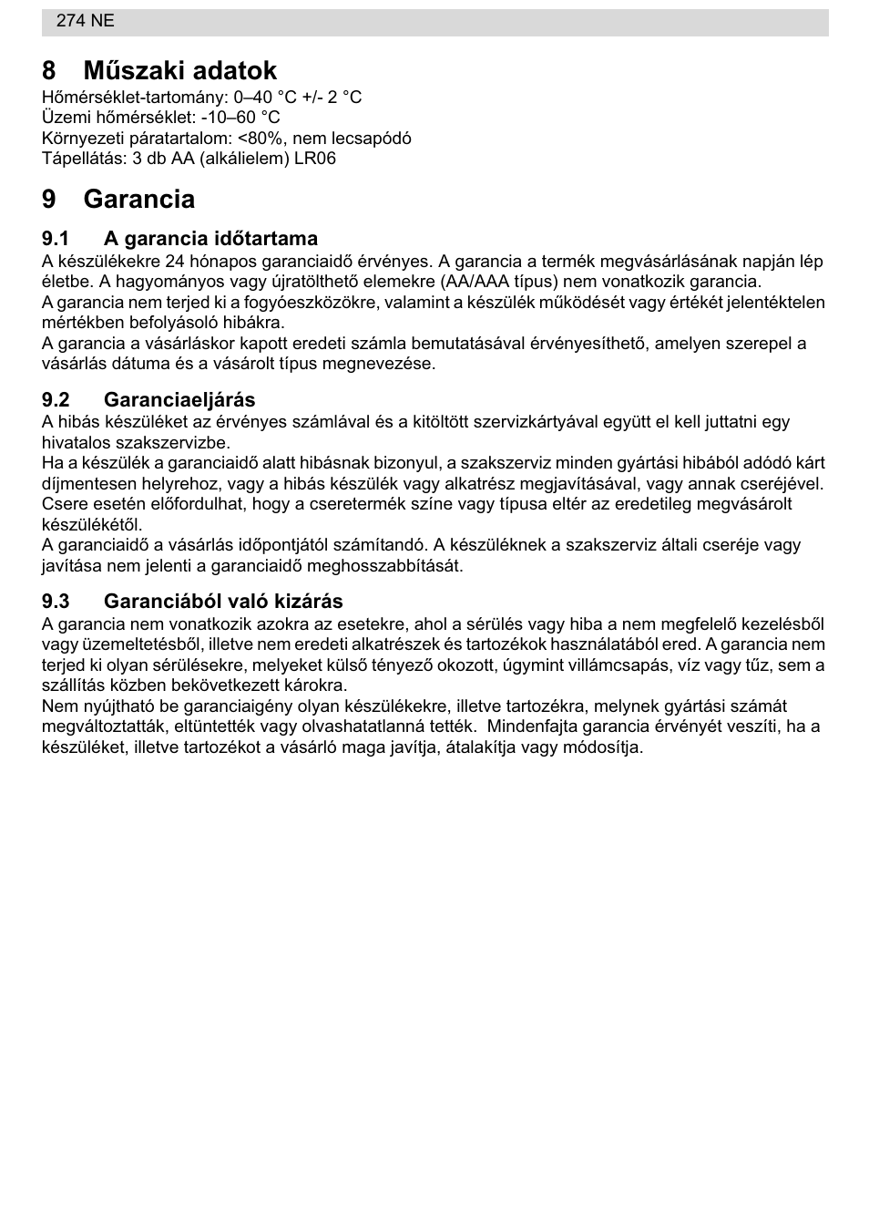 8mħszaki adatok, 9garancia | National Geographic 274NE User Manual | Page 54 / 64