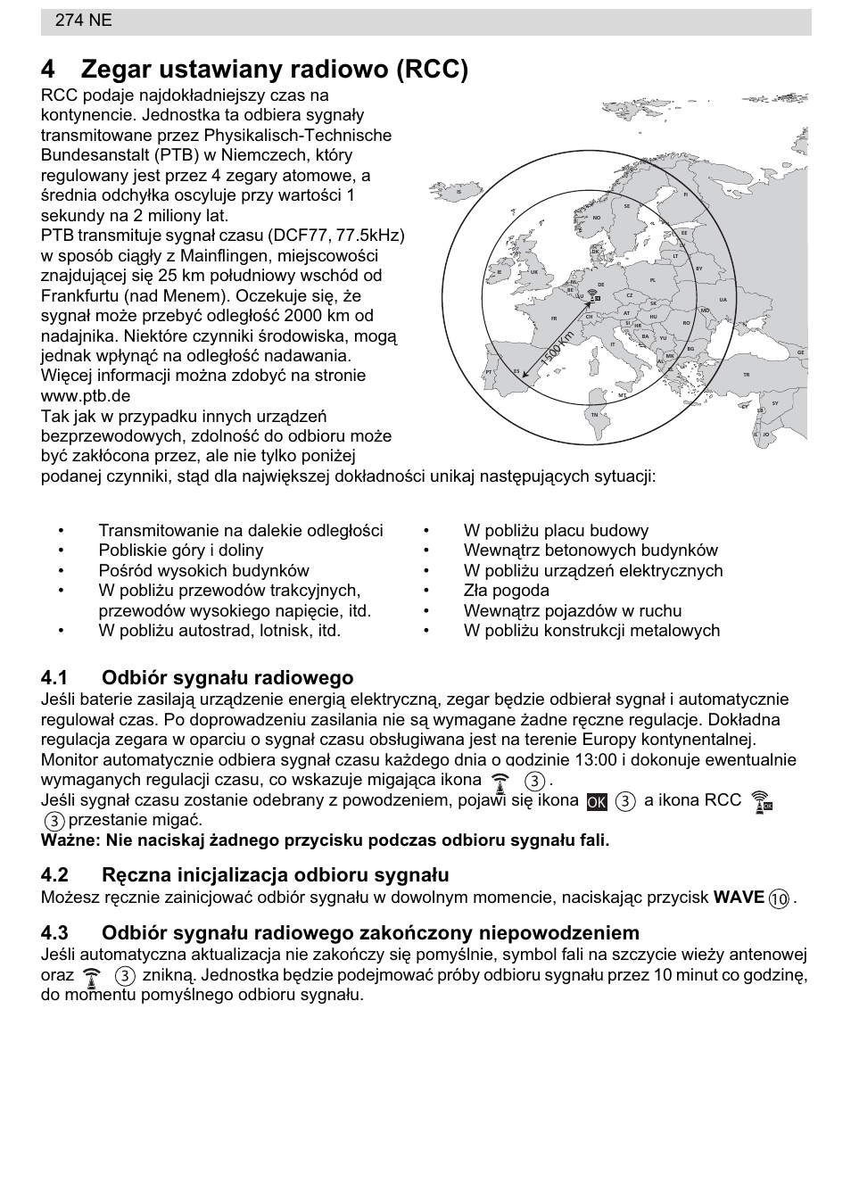 4zegar ustawiany radiowo (rcc), 1 odbiór sygnaáu radiowego, 2 rċczna inicjalizacja odbioru sygnaáu | 274 ne | National Geographic 274NE User Manual | Page 56 / 64