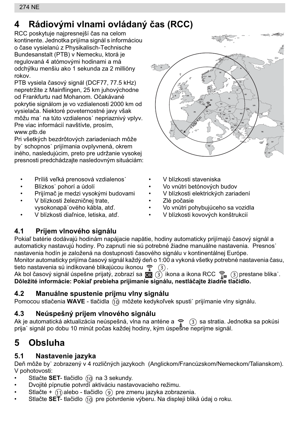 4rádiovými vlnami ovládaný þas (rcc), 5obsluha, 1 príjem vlnového signálu | 2 manuálne spustenie príjmu vlny signálu, 3 neúspešný príjem vlnového signálu, 1 nastavenie jazyka, 274 ne | National Geographic 274NE User Manual | Page 60 / 64