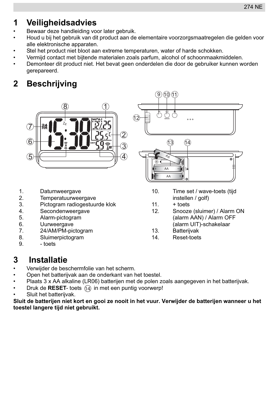 1veiligheidsadvies, 2beschrijving 3 installatie | National Geographic 274NE User Manual | Page 7 / 64