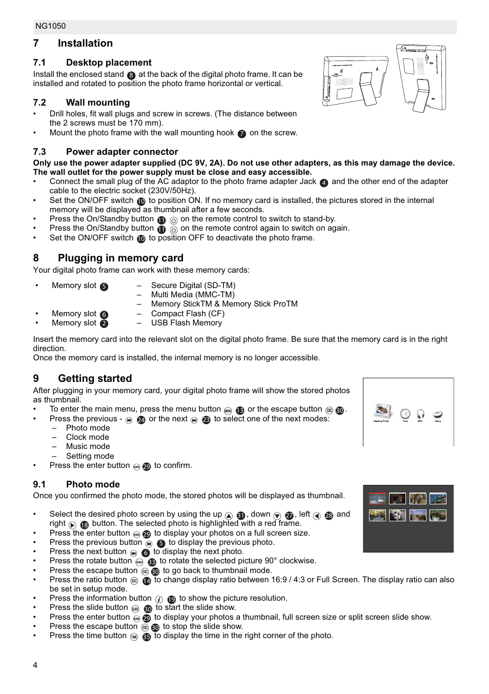 7installation, 9getting started, 1 desktop placement | 2 wall mounting, 3 power adapter connector, 1 photo mode | National Geographic NG1050 User Manual | Page 4 / 8