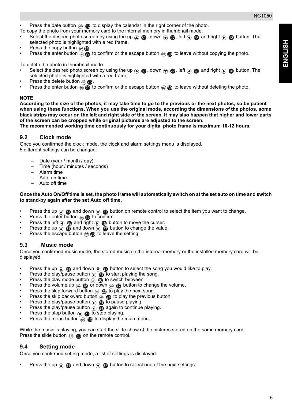 English, 2 clock mode, 3 music mode | 4 setting mode | National Geographic NG1050 User Manual | Page 5 / 8