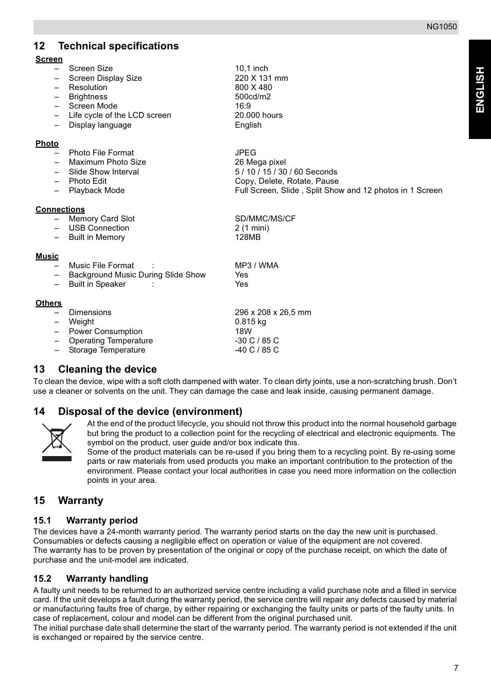 English, 12 technical specifications 13 cleaning the device, 14 disposal of the device (environment) | 15 warranty | National Geographic NG1050 User Manual | Page 7 / 8