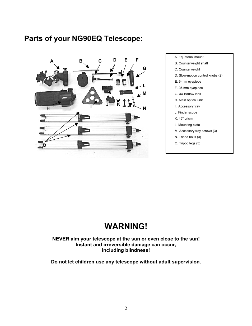 Warning, Parts of your ng90eq telescope | National Geographic NG90EQ User Manual | Page 2 / 15