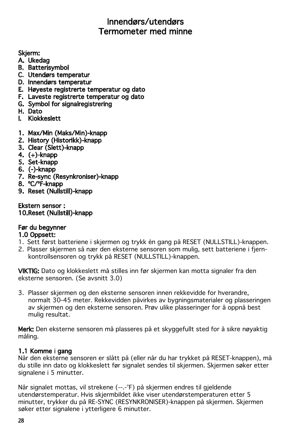 Innendørs/utendørs termometer med minne | National Geographic 259NE User Manual | Page 28 / 54