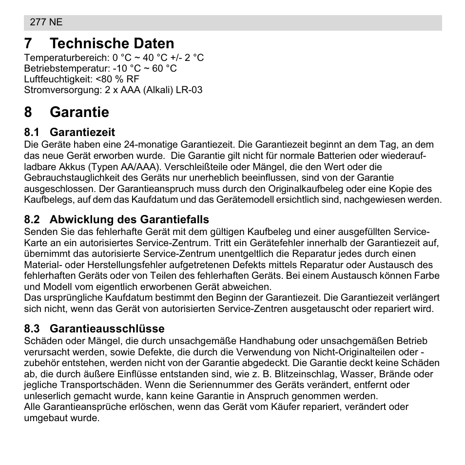 7technische daten, 8garantie | National Geographic 277 NE User Manual | Page 18 / 64