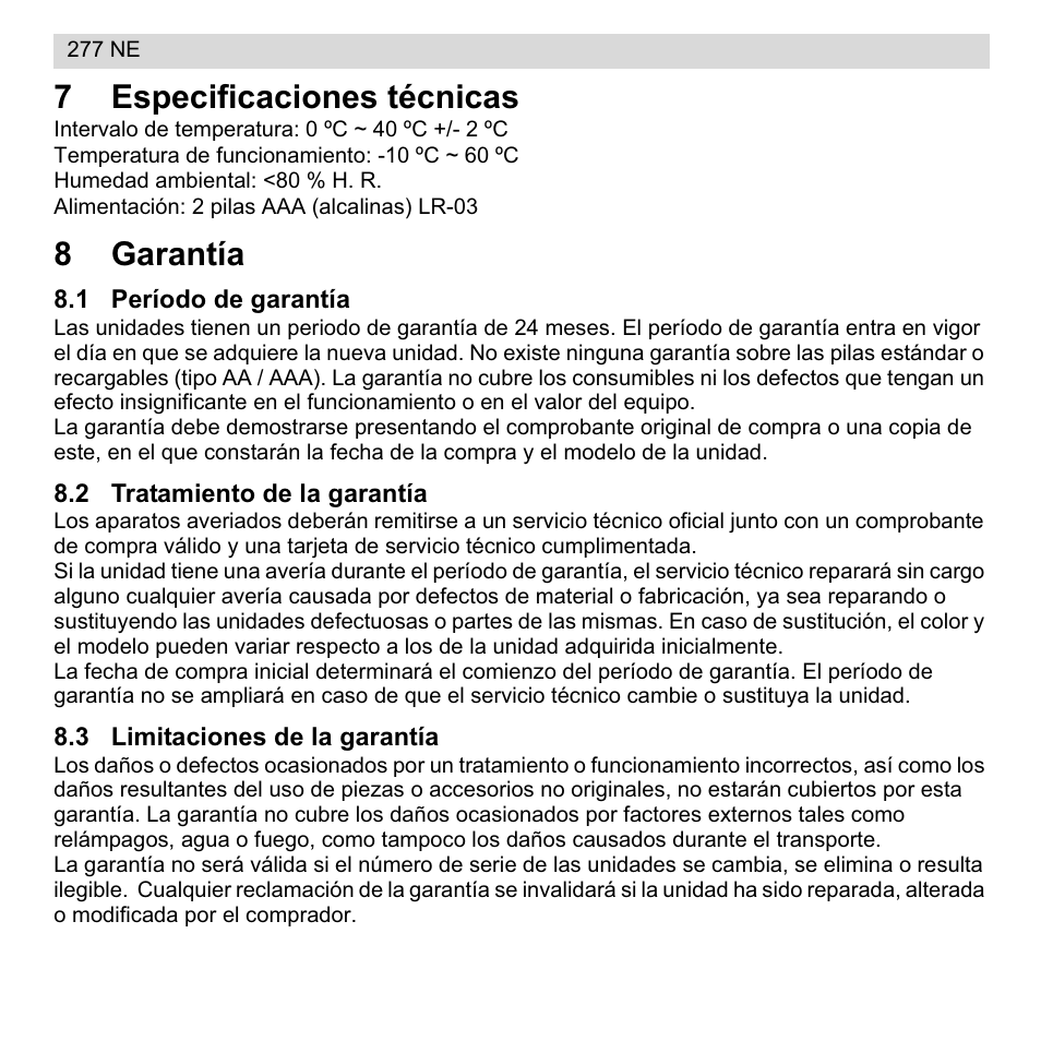 7especificaciones técnicas, 8garantía | National Geographic 277 NE User Manual | Page 22 / 64