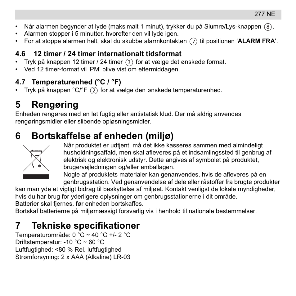 5rengøring, 6bortskaffelse af enheden (miljø), 7tekniske specifikationer | National Geographic 277 NE User Manual | Page 29 / 64