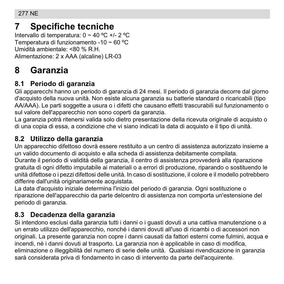 7specifiche tecniche, 8garanzia | National Geographic 277 NE User Manual | Page 38 / 64