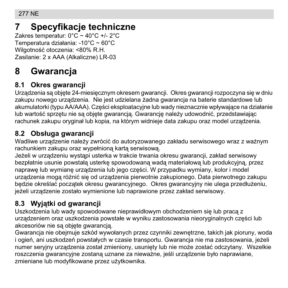 7specyfikacje techniczne, 8gwarancja | National Geographic 277 NE User Manual | Page 58 / 64