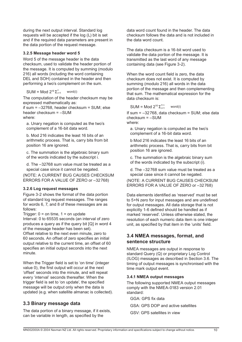 3 binary message data, 4 nmea messages, format, and sentence structure | Navman 11 User Manual | Page 10 / 90