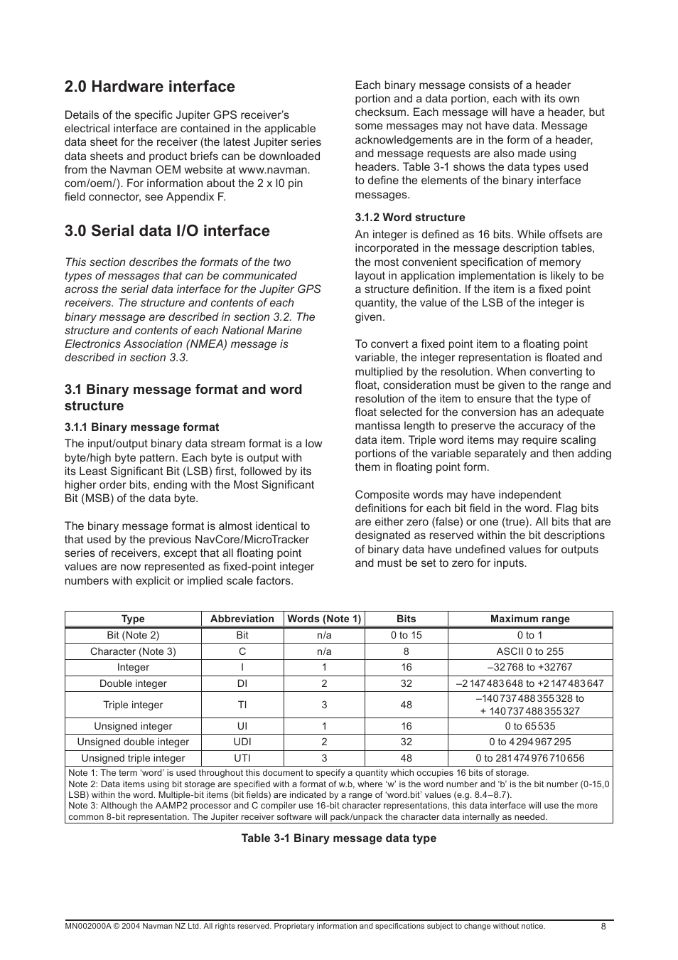 0 hardware interface, 0 serial data i/o interface, 1 binary message format and word structure | Navman 11 User Manual | Page 8 / 90