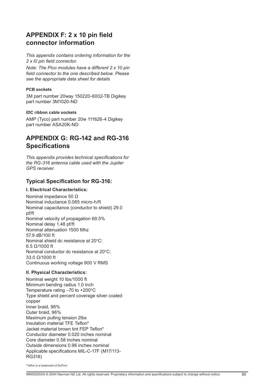 Appendix f: 2 x 10 pin ﬁeld connector information | Navman 11 User Manual | Page 89 / 90