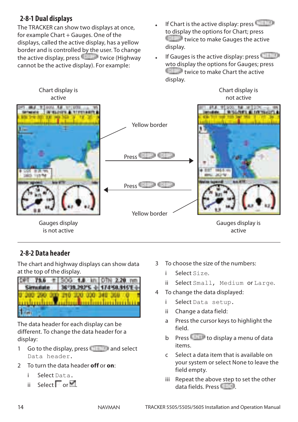 8-1 dual displays, 8-2 data header | Navman 5505 User Manual | Page 14 / 68