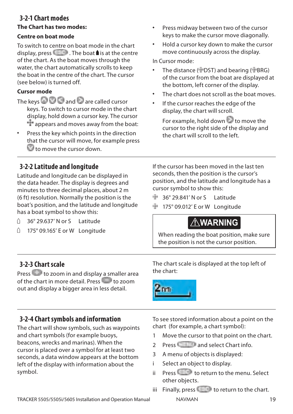 Caution, Caution danger warning, 2-2 latitude and longitude | 2-1 chart modes, 2-3 chart scale, 2-4 chart symbols and information | Navman 5505 User Manual | Page 19 / 68