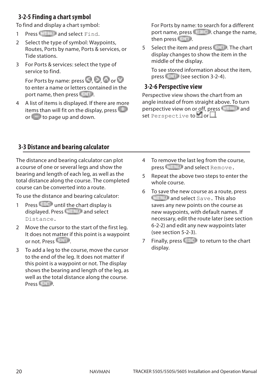 3 distance and bearing calculator, 2-5 finding a chart symbol, 2-6 perspective view | Navman 5505 User Manual | Page 20 / 68