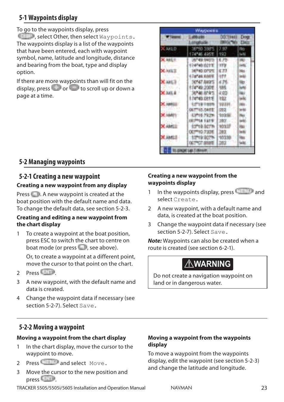 1 waypoints display 5-2 managing waypoints, Caution, Caution danger warning | 1 waypoints display, 2 managing waypoints 5-2-1 creating a new waypoint, 2-2 moving a waypoint | Navman 5505 User Manual | Page 23 / 68