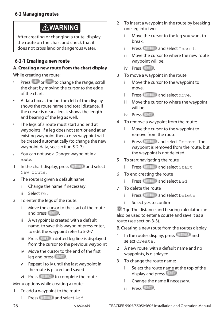 2 managing routes, Caution, Caution danger warning | 2 managing routes 6-2-1 creating a new route | Navman 5505 User Manual | Page 26 / 68