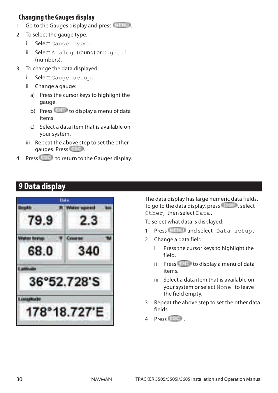 9 data display, Changing the gauges display | Navman 5505 User Manual | Page 30 / 68