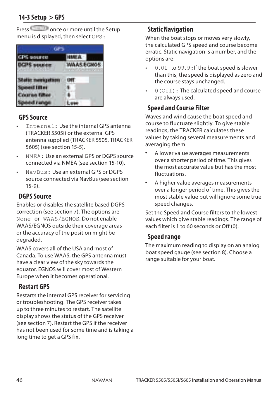 3 setup > gps, Gps source, Dgps source | Restart gps, 3 setup > gps static navigation, Speed and course filter, Speed range | Navman 5505 User Manual | Page 46 / 68