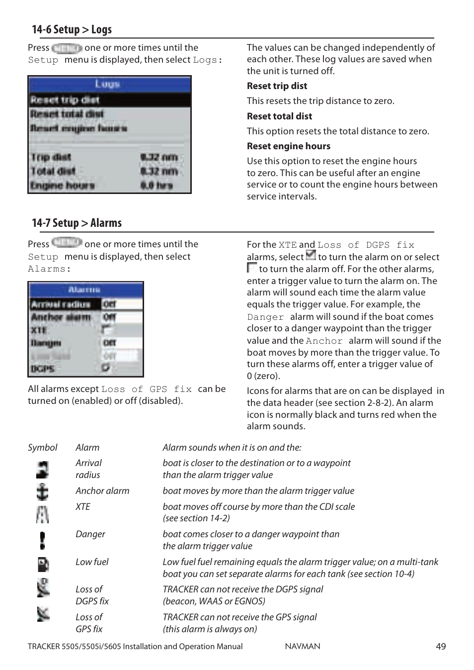 6 setup > logs 14-7 setup > alarms, 6 setup > logs, 7 setup > alarms | Navman 5505 User Manual | Page 49 / 68