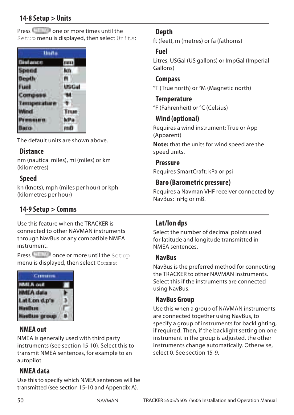 8 setup > units 14-9 setup > comms, 8 setup > units, Distance | Speed, Depth, Fuel, Compass, Temperature, Wind (optional), Pressure | Navman 5505 User Manual | Page 50 / 68