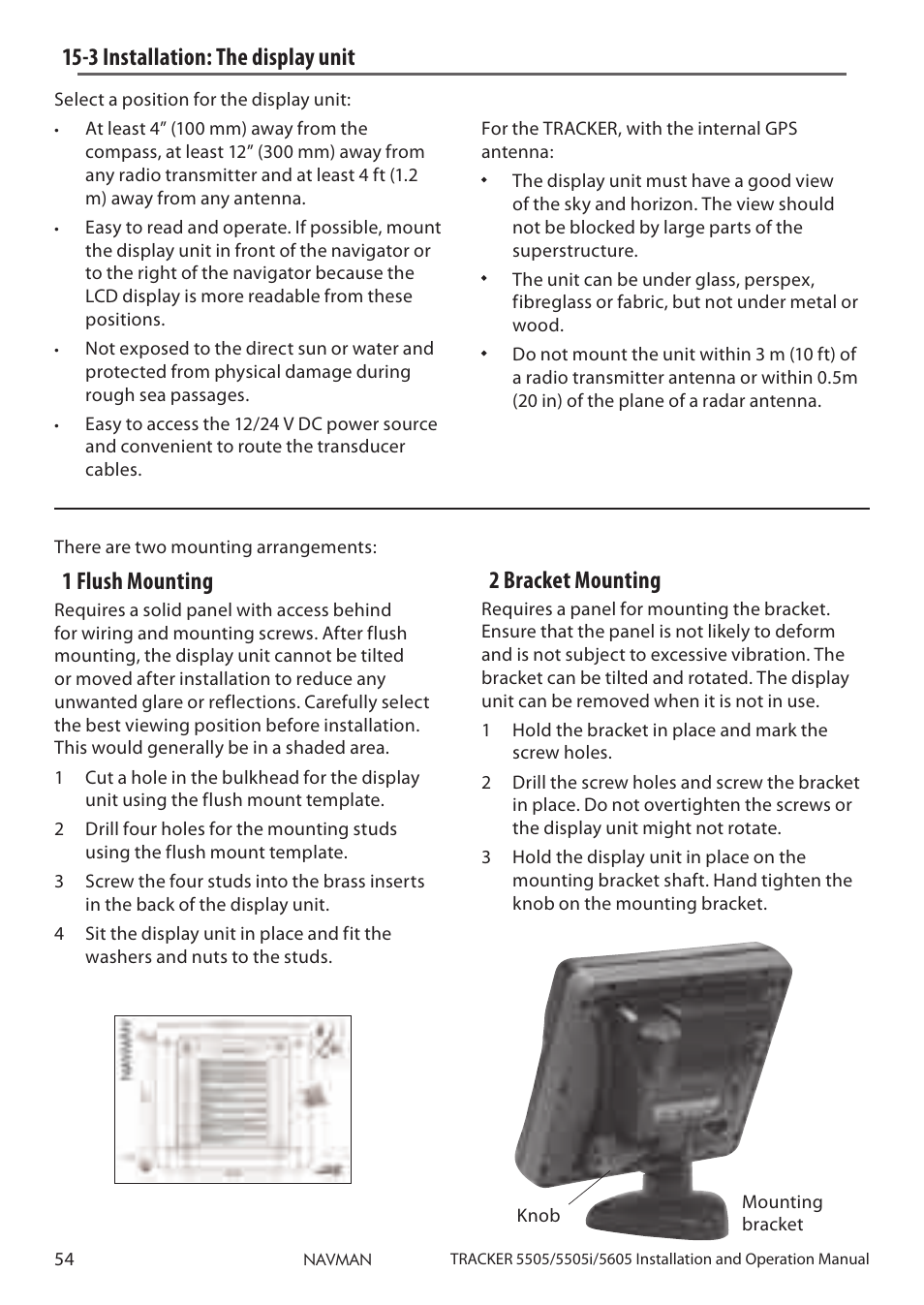 3 installation: the display unit, 2 bracket mounting, 1 flush mounting | Navman 5505 User Manual | Page 54 / 68