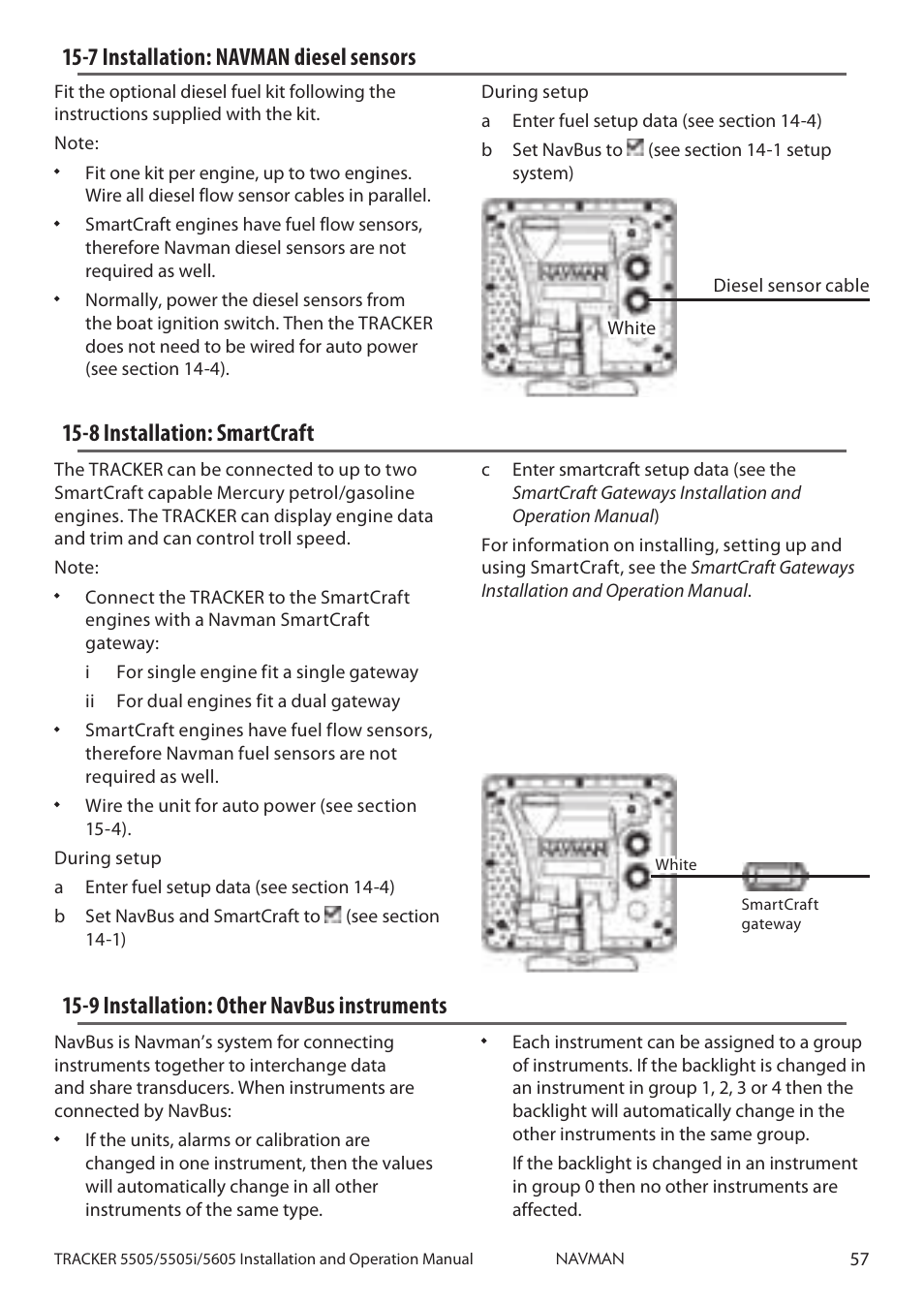 7 installation: navman diesel sensors, 8 installation: smartcraft, 9 installation: other navbus instruments | Navman 5505 User Manual | Page 57 / 68