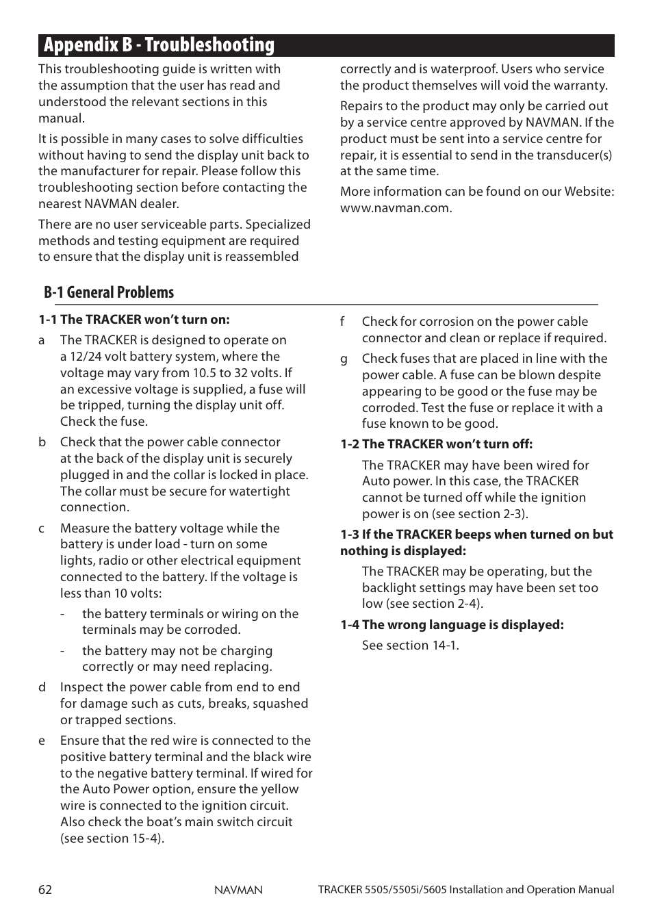 Appendix b - troubleshooting, B-1 general problems | Navman 5505 User Manual | Page 62 / 68