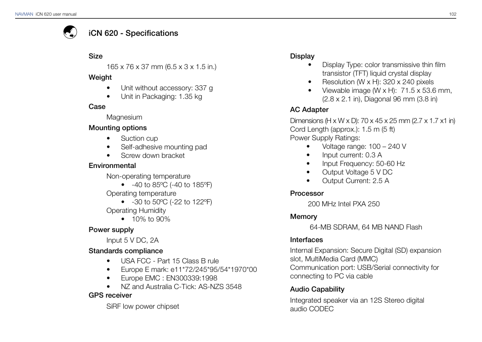 Navman iCN 620 User Manual | Page 102 / 106