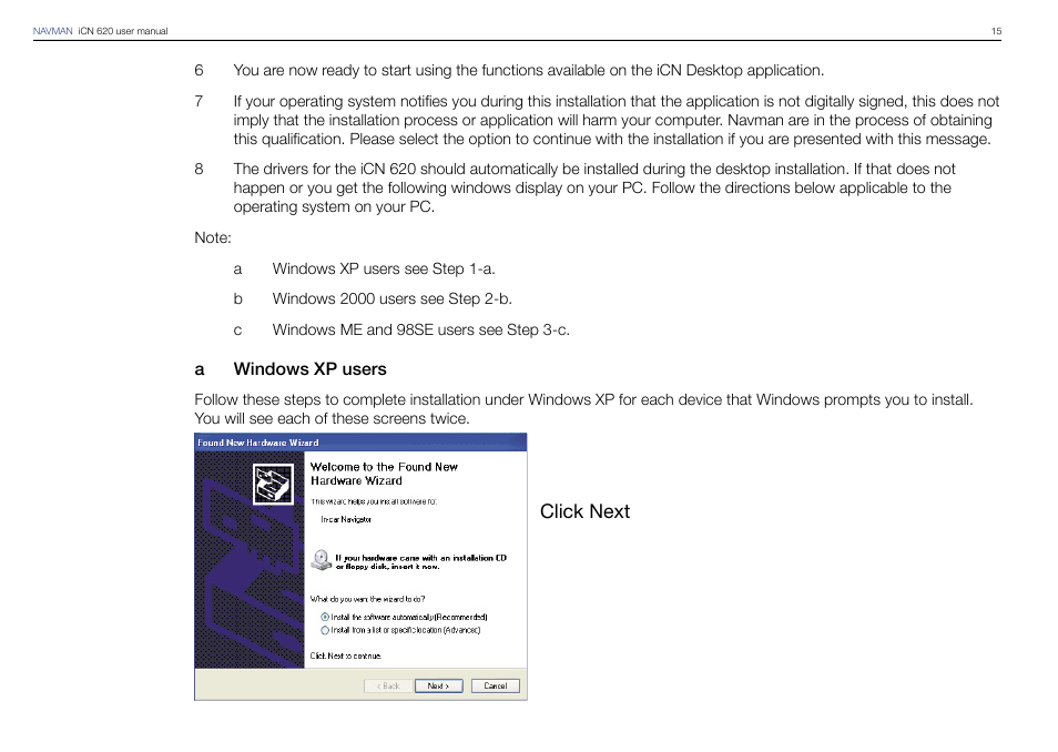 Click next | Navman iCN 620 User Manual | Page 15 / 106