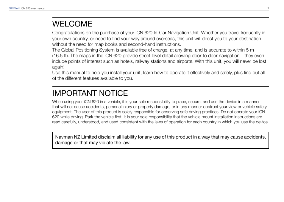 Welcome, Important notice | Navman iCN 620 User Manual | Page 2 / 106