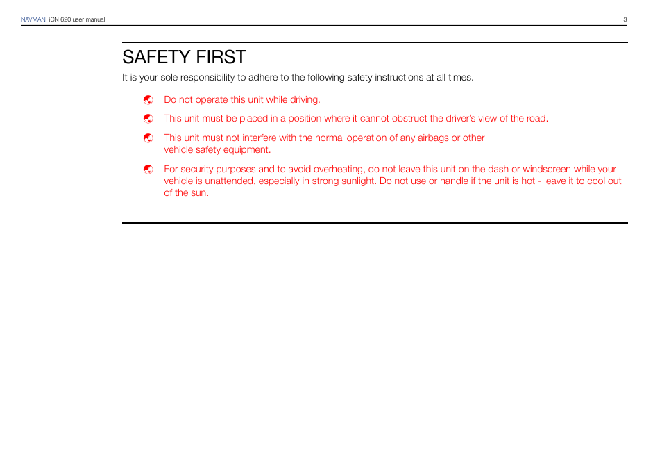 Safety first | Navman iCN 620 User Manual | Page 3 / 106