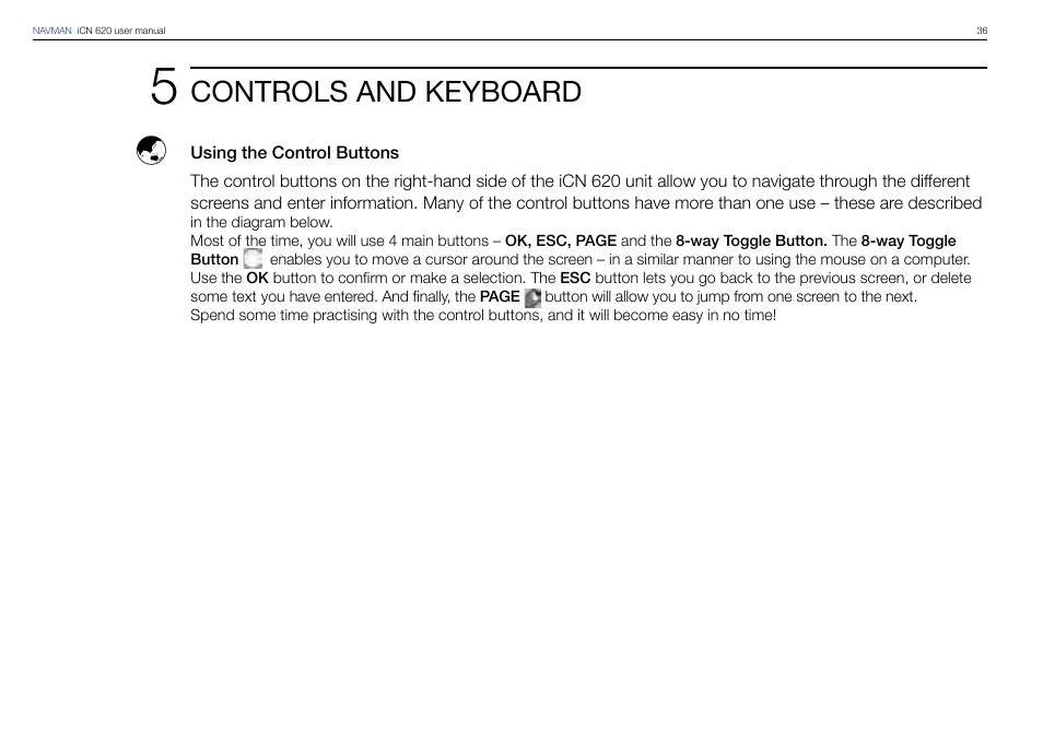 Controls and keyboard | Navman iCN 620 User Manual | Page 36 / 106