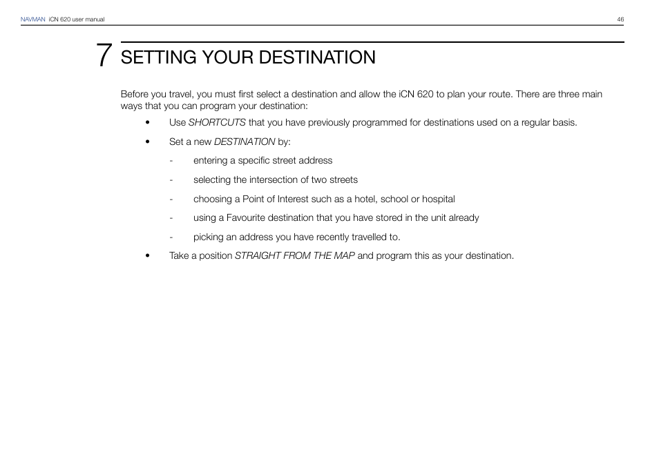 Setting your destination | Navman iCN 620 User Manual | Page 46 / 106