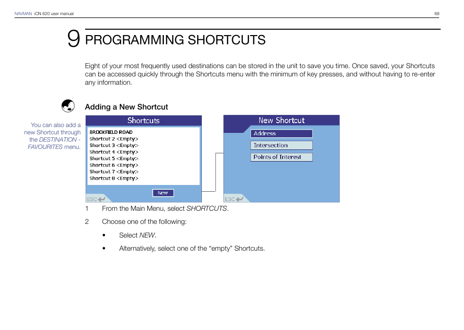 Programming shortcuts | Navman iCN 620 User Manual | Page 68 / 106