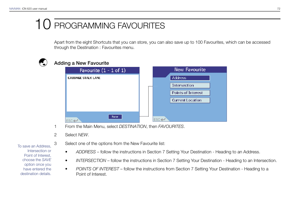 Programming favourites | Navman iCN 620 User Manual | Page 72 / 106