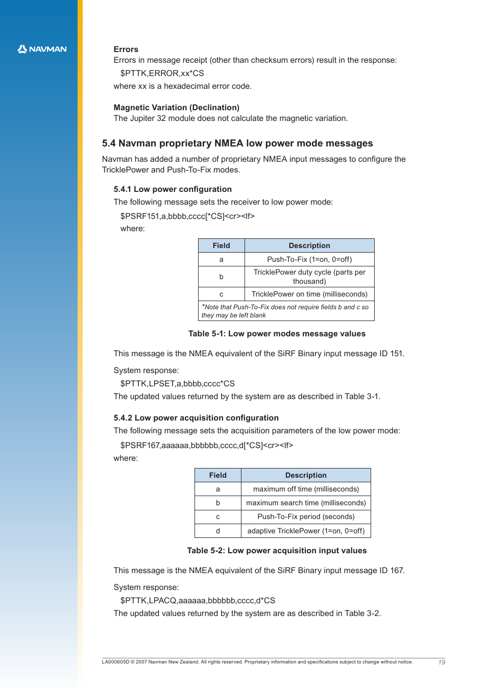 4 navman proprietary nmea low power mode messages | Navman JUPITER LA000605D User Manual | Page 22 / 26