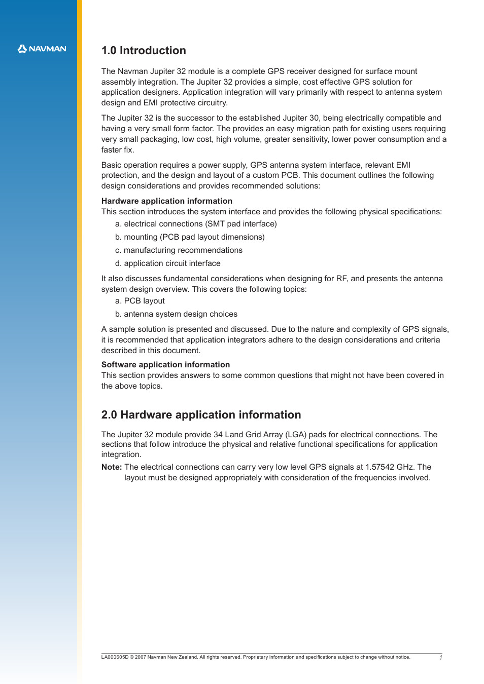 0 introduction, 0 hardware application information | Navman JUPITER LA000605D User Manual | Page 4 / 26