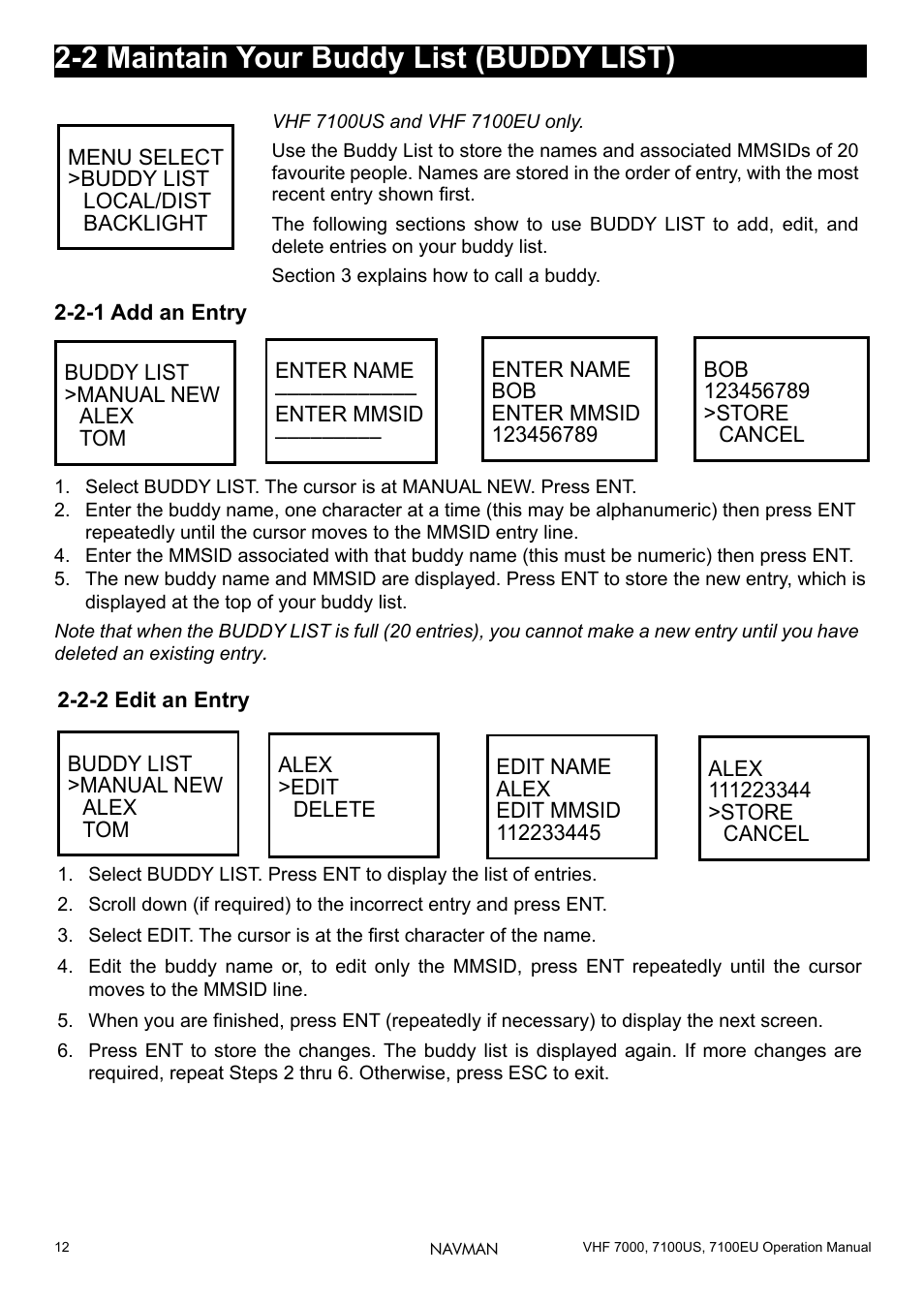 2 maintain your buddy list (buddy list), 2-1 add an entry, 2-2 edit an entry | 12 2-2-2 edit an entry | Navman 7000 User Manual | Page 12 / 52